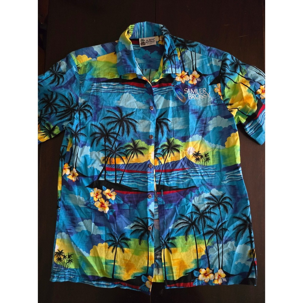 Aloha Republic Mens Hawaiian Shirt Blue Sunset Palm Tree USA Semler Brossy L